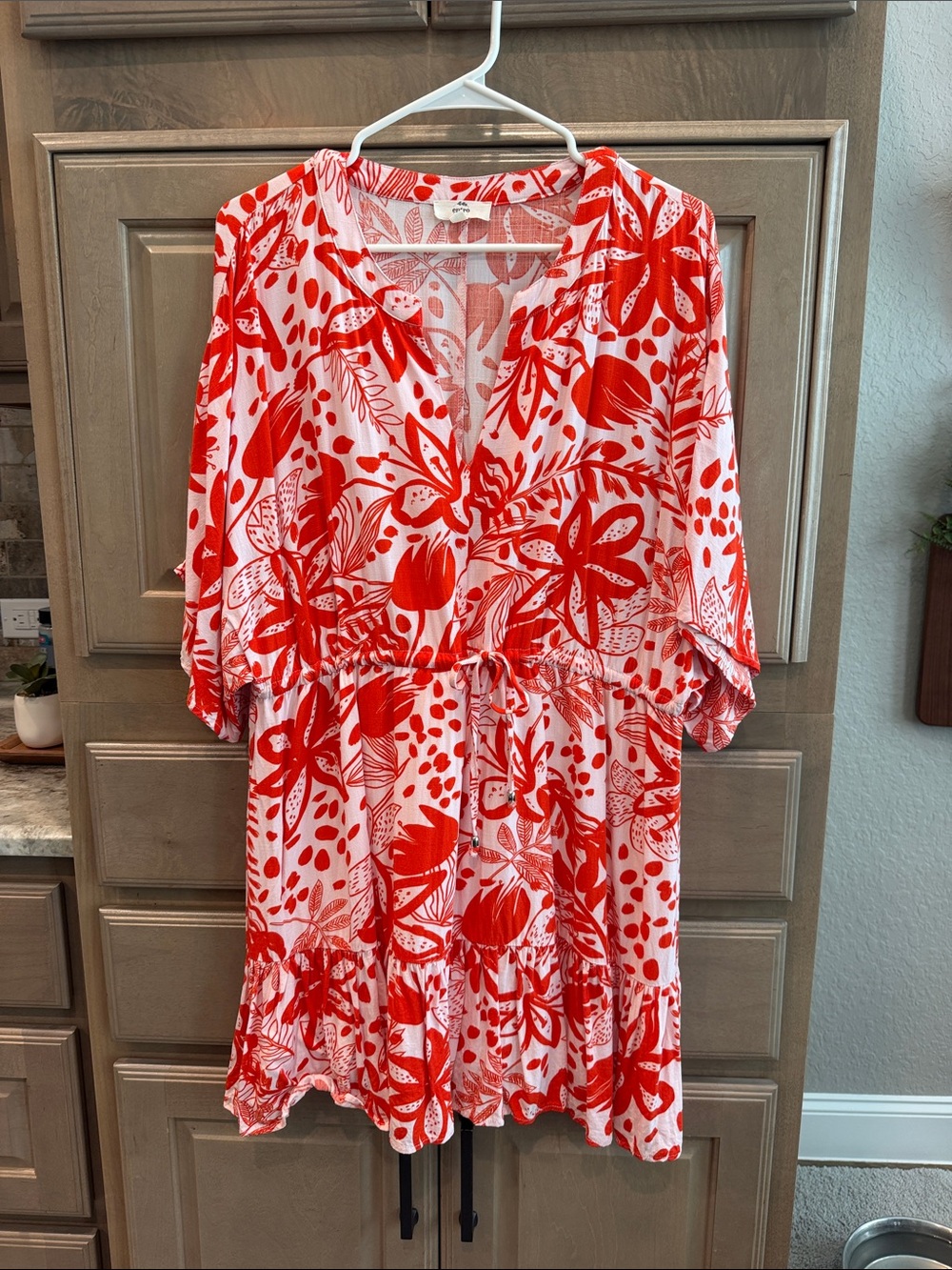 Entro Red & White Floral V-Neck Drawstring Women’s Dress
